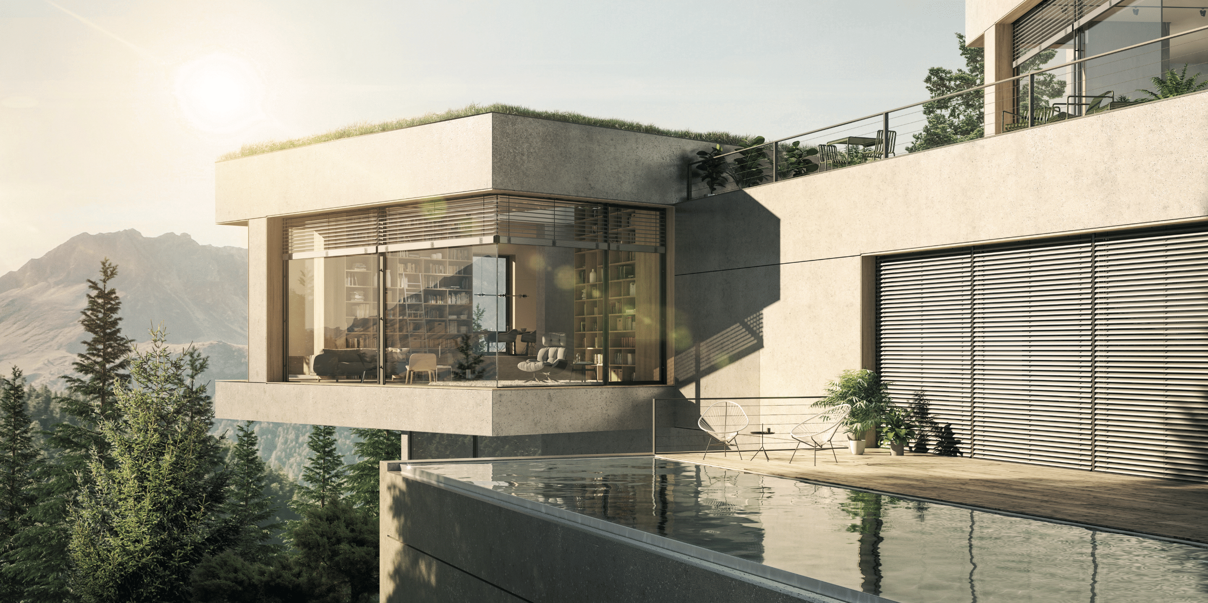 WAREMA zeigt ein modernes Haus mit einem verglasten Wintergarten, Jalousien und begrünter Dachterrasse mit einem Infinity Pool mit Terrasse und weissen Stühlen.