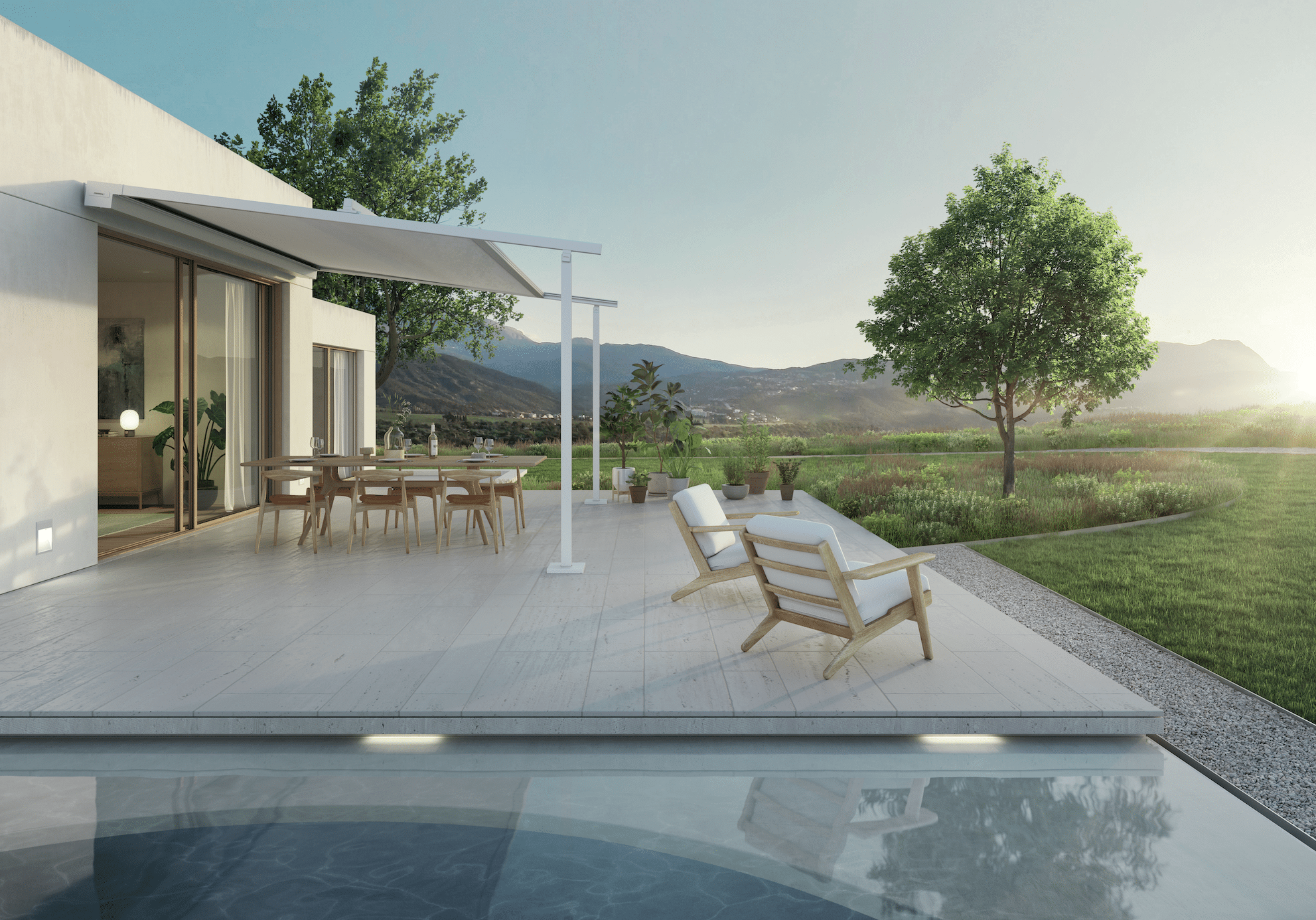 WAREMA zeigt ein modernes Haus mit Flachdach, einer Sonnenterrasse mit überdachtem Bereich, Markise, Holzboden und einer großen Essgruppe und Sonnenliegen neben dem Pool.