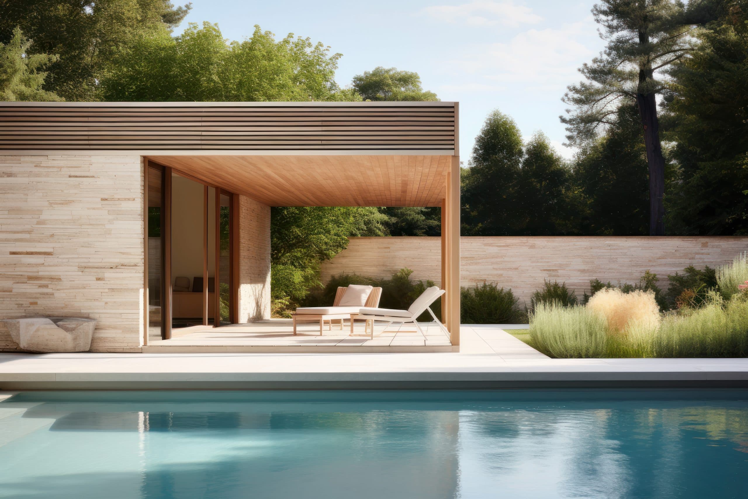 Ein gepflegter Garten mit einem Poolhaus aus Holz, überdachter Terrasse mit Loungemöbeln und einem Pool.