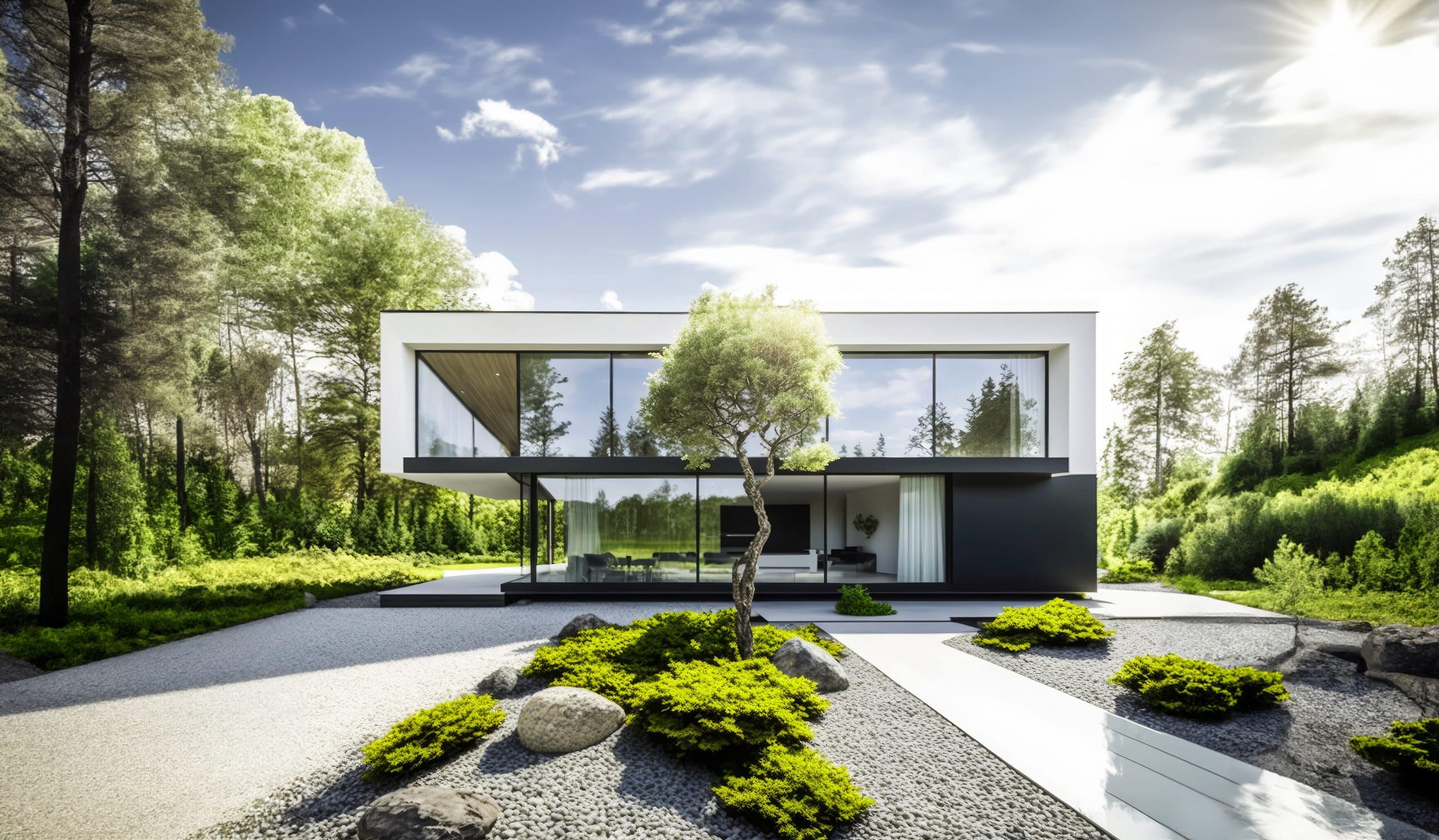 Ein modernes Fertighaus mit Flachdach und großen Glasflächen mit einem gepflegten Garten und Kieswegen.