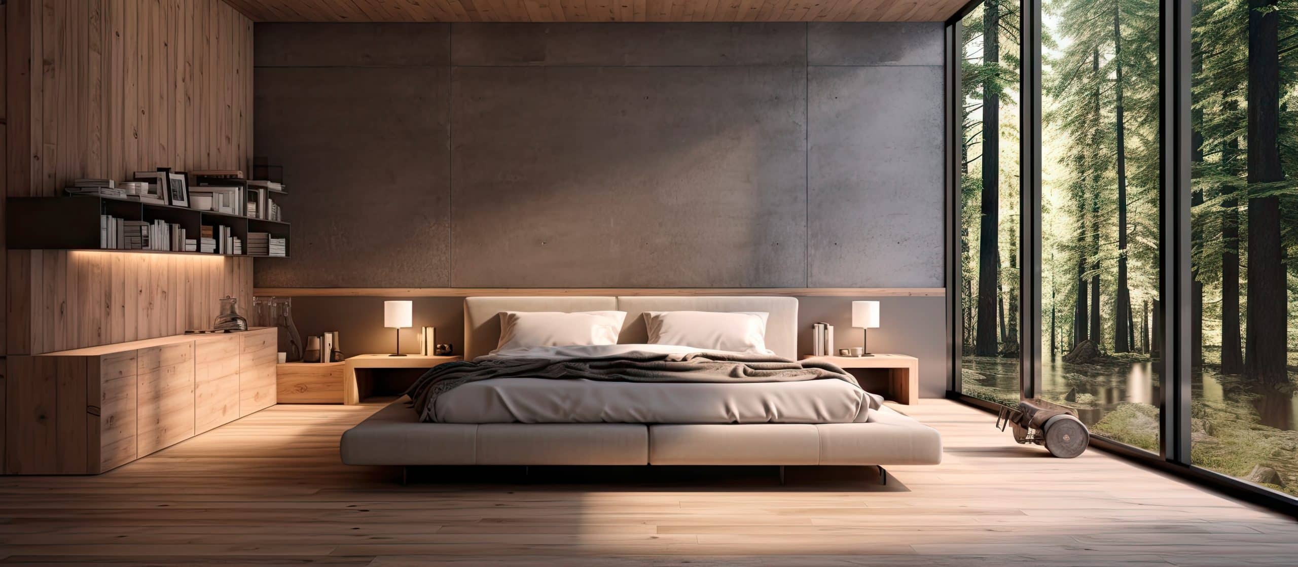 Ein Schlafzimmer mit Holzverkleidung an der Wand und einem Doppelbett in Naturtönen und Holzboden mit einem großem Fenster mit Sicht in einen schönen Wald.