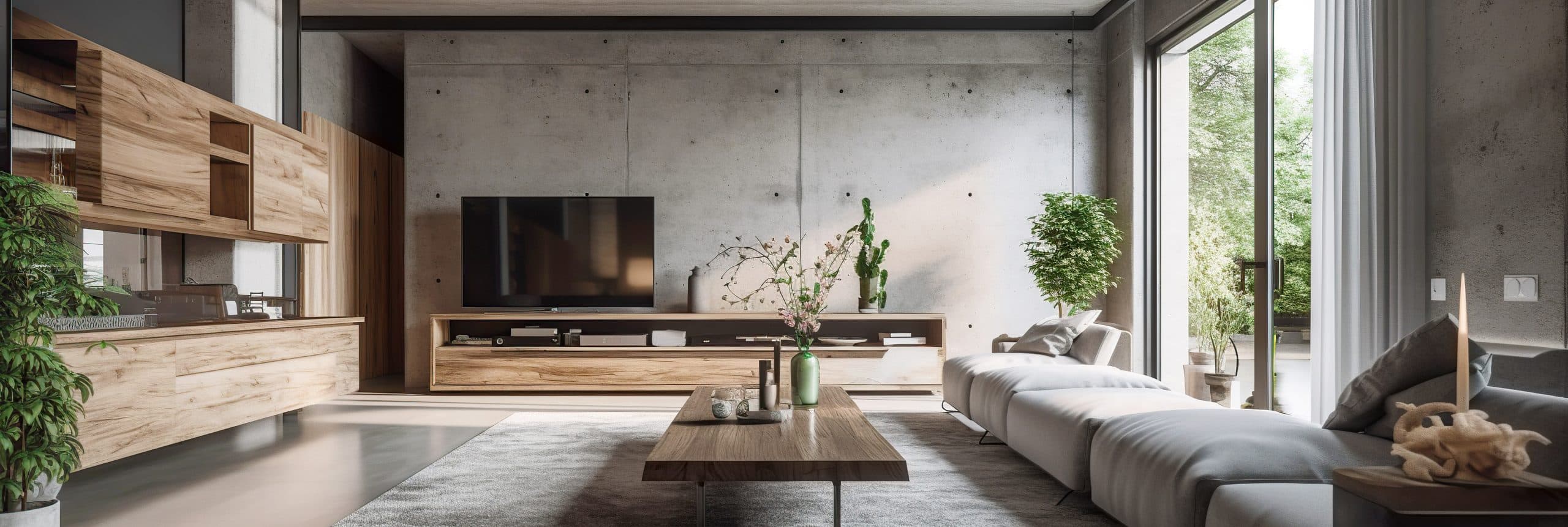 Ein modernes Wohnzimmer mit Wänden im Industrial Style und einer Sitzlandschaft, einem Beistelltisch aus Holz und an der Wand montierten Regalen mit viel Stauraum.